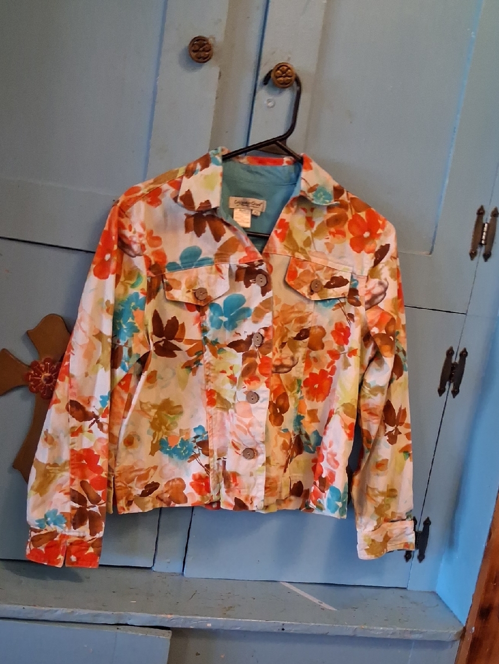 Coldwater Creek Floral Print Denim Jacket in Orange, Teal & Brown